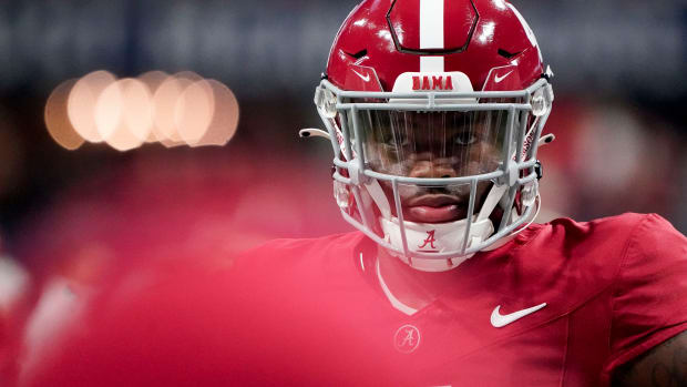 Dec 2, 2023; Atlanta, GA, USA; Alabama Crimson Tide quarterback Jalen Milroe (4) warms up before the SEC Championship Game against the Georgia Bulldogs at Mercedes-Benz Stadium.